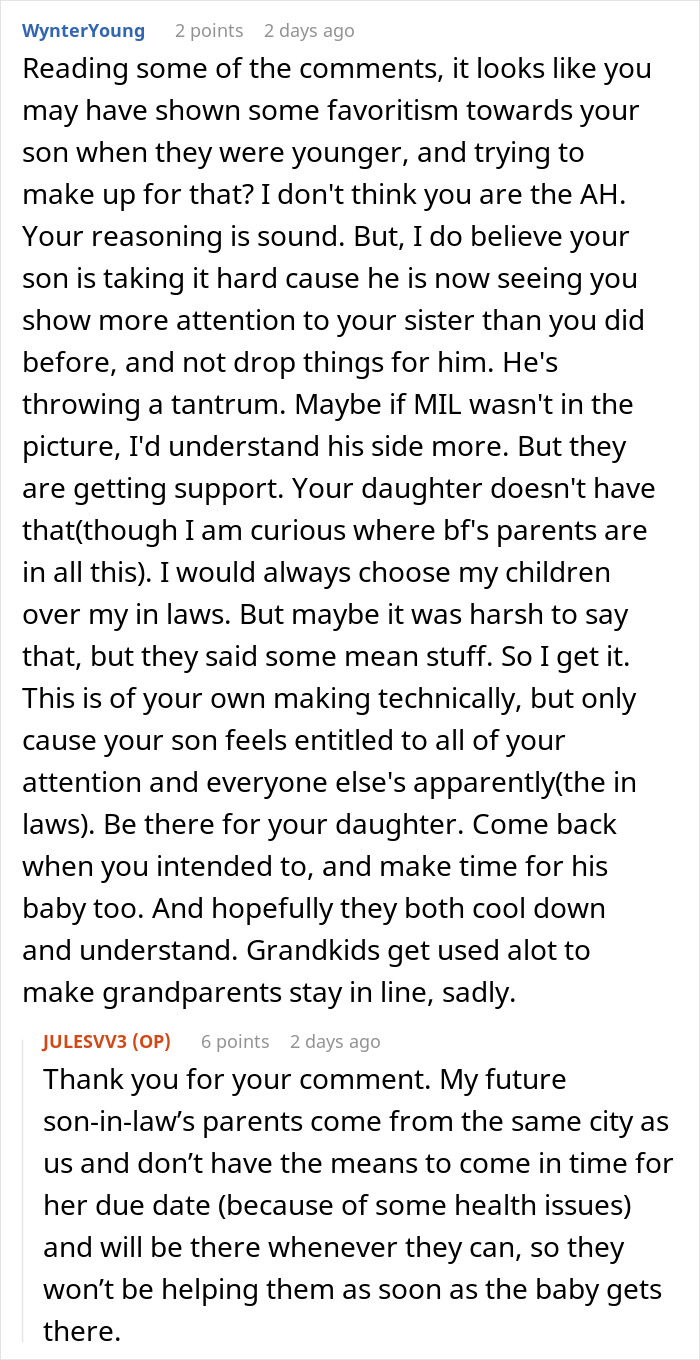 A screenshot of a forum discussion discussing MIL choosing her daughter with twin newborns over her son. A screenshot of a forum discussion discussing MIL choosing her daughter with twin newborns over her son.