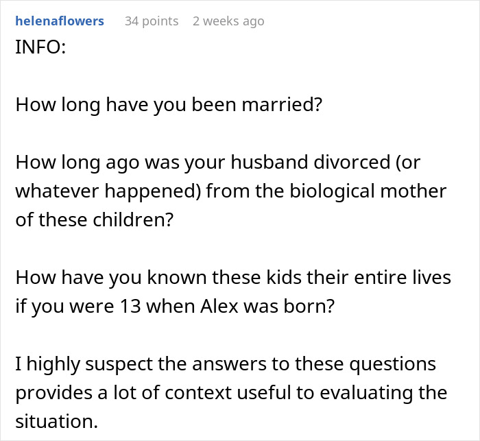 A Reddit comment asks a wife about her married life and the relationship with her husband's son for context. A Reddit comment asks a wife about her married life and the relationship with her husband's son for context.