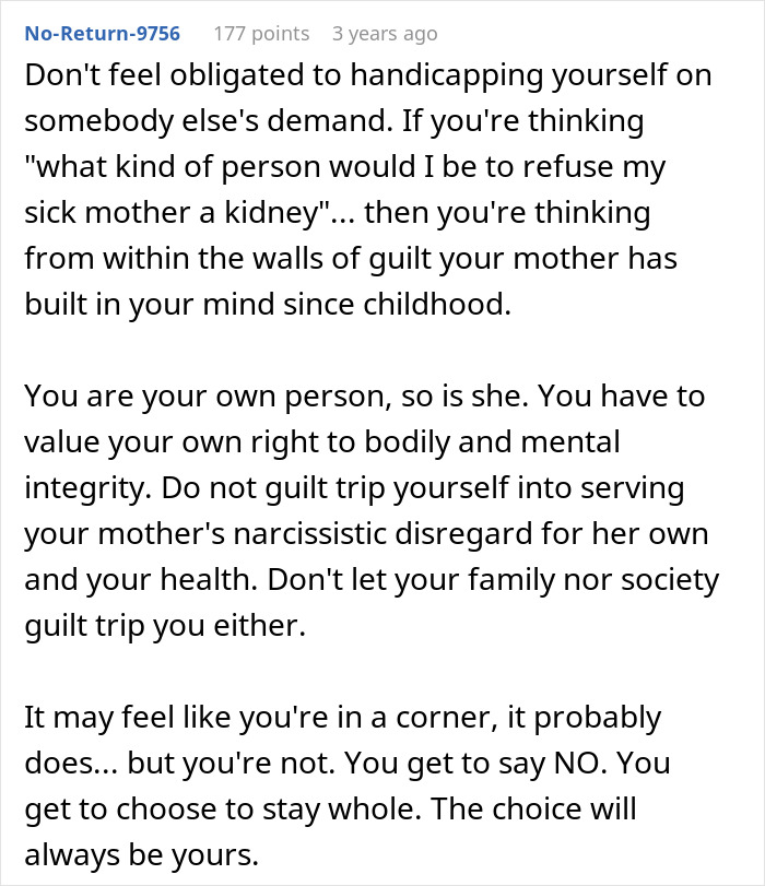 A comment section addressing the issue of a toxic mom expecting a shiny new kidney from her daughter.