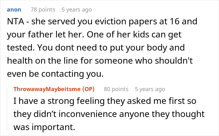 A screenshot of a reddit comment section. The top comment is from user anon discussing bone marrow match refusal for estranged dad's wife. A screenshot of a reddit comment section. The top comment is from user anon discussing bone marrow match refusal for estranged dad's wife.