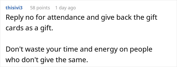 A comment suggesting to decline wedding attendance and return the gift cards, focusing on wedding drama and used gift cards.