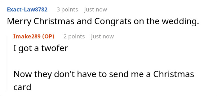 Reddit comment about a person receiving a combined Christmas and wedding gift, humorously avoiding sending a Christmas card.