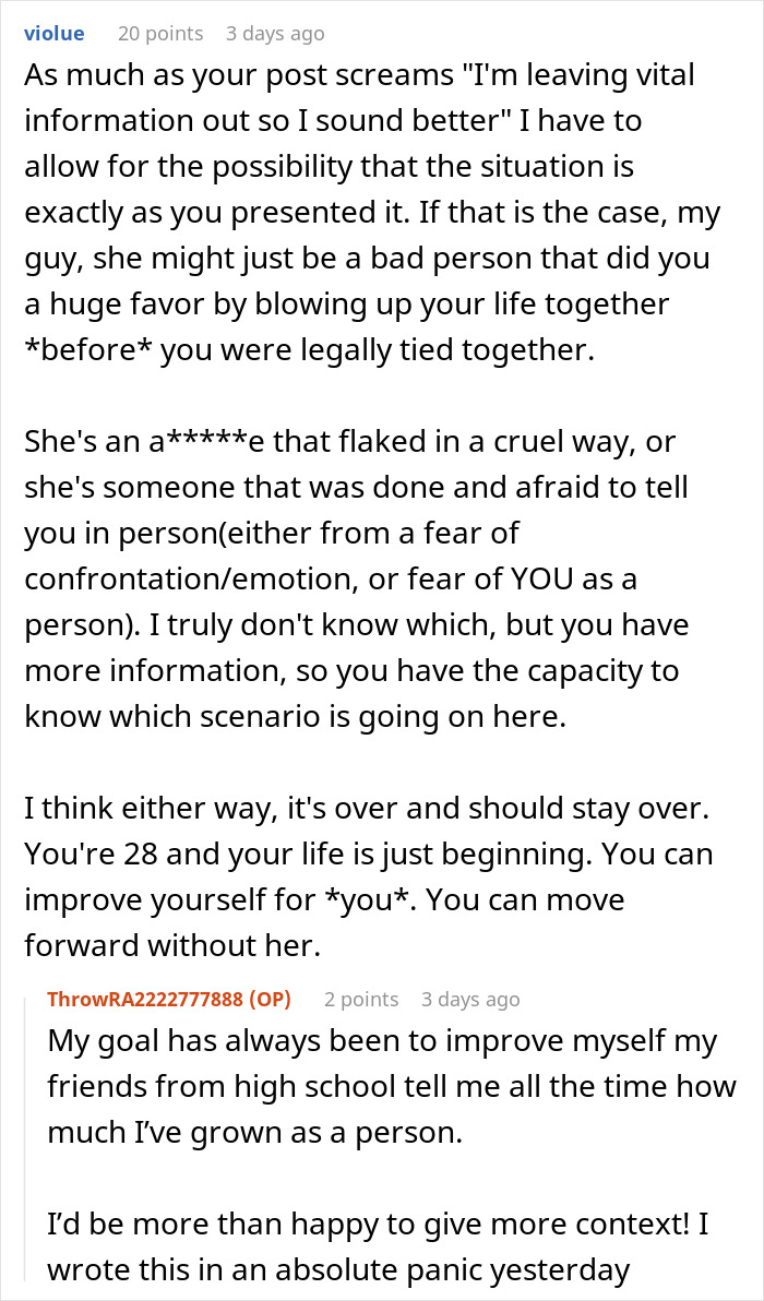 A Reddit screenshot showing comments about a man who proposes to his girlfriend after 10 years and she leaves. A Reddit screenshot showing comments about a man who proposes to his girlfriend after 10 years and she leaves.