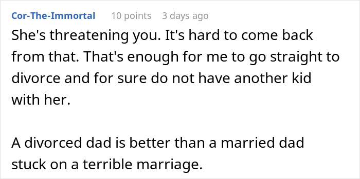 Online comment advising a husband to choose divorce over staying in a terrible marriage after his vasectomy Online comment advising a husband to choose divorce over staying in a terrible marriage after his vasectomy