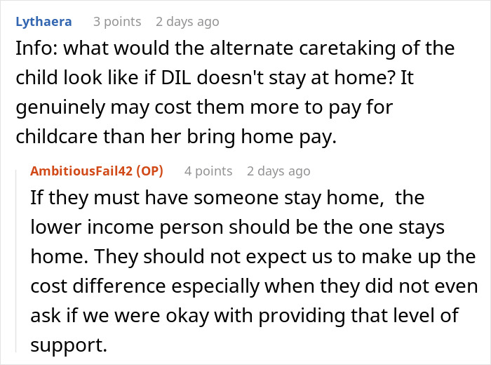 A comment about parents giving son free housing, suggesting the lower-income person should stay home.