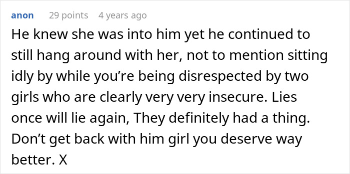 A comment supporting the GF decision not to drive drunk women who insulted her, highlighting BF's insensitivity. A comment supporting the GF decision not to drive drunk women who insulted her, highlighting BF's insensitivity.