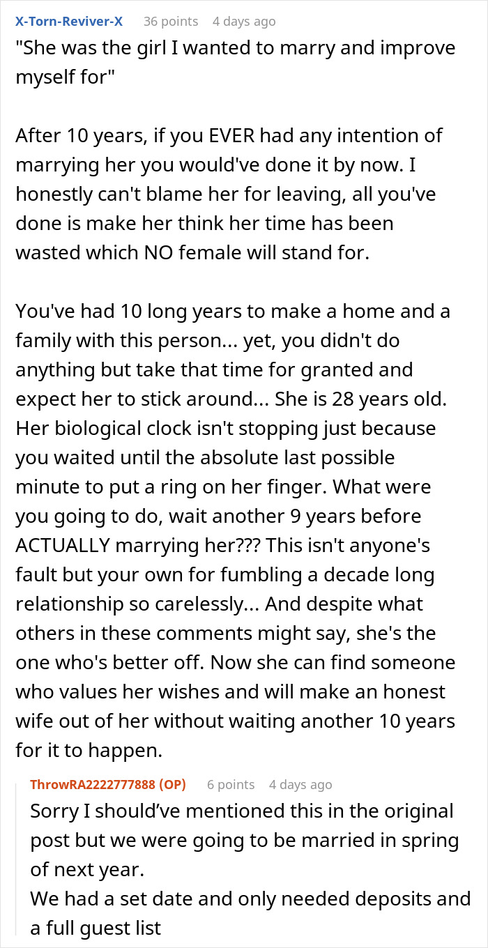 A screenshot of a Reddit comment section discussing a man who proposes to his girlfriend after 10 years and she leaves. A screenshot of a Reddit comment section discussing a man who proposes to his girlfriend after 10 years and she leaves.