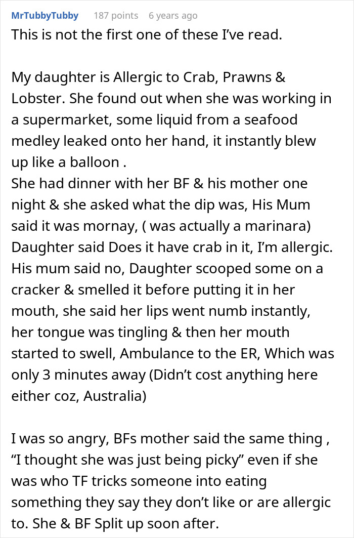 A story about a daughter's shellfish allergy reaction, illustrating how a MIL thinks a shellfish allergy is fake. A story about a daughter's shellfish allergy reaction, illustrating how a MIL thinks a shellfish allergy is fake.
