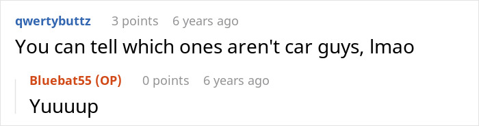 Screenshot of online comments with a user stating, 'You can tell which ones aren't car guys,' regarding a keyed car lawsuit.