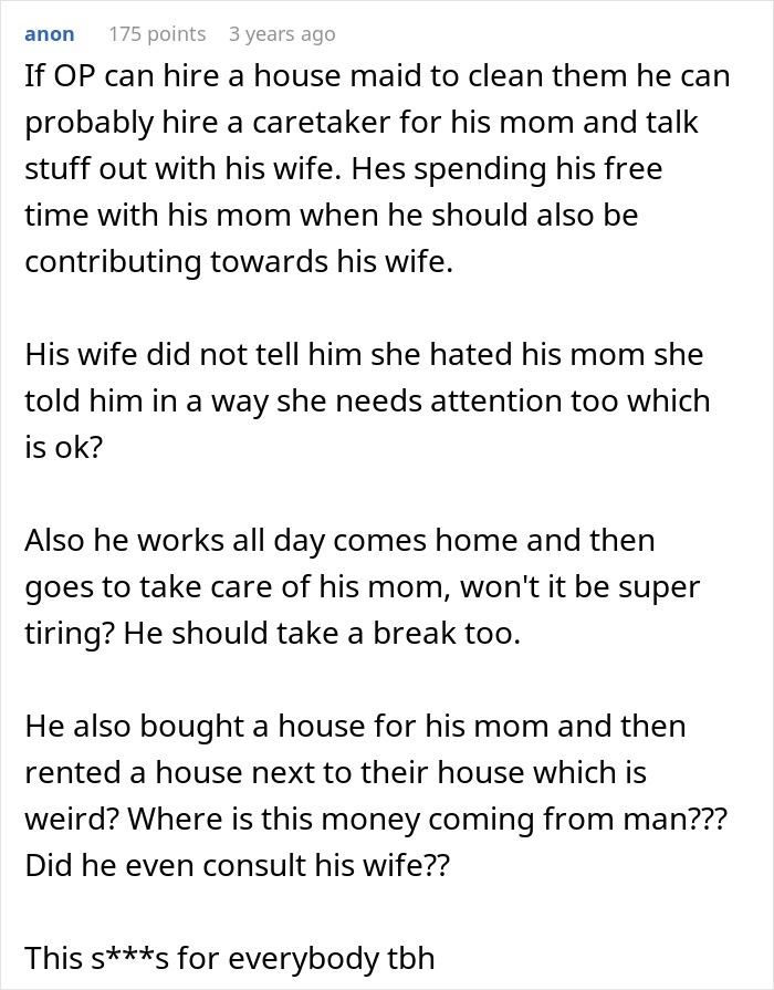 Comment suggesting hiring a caretaker in a marriage struggling with sick mom care