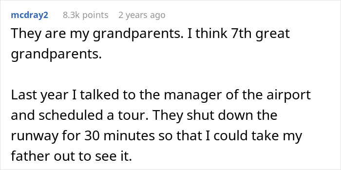 A screenshot of a Reddit comment about an airport built around graves, and the user's grandparents. airport graves. A screenshot of a Reddit comment about an airport built around graves, and the user's grandparents. airport graves.