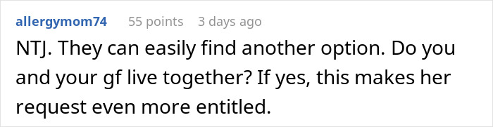 A Reddit comment from user allergymom74 stating NTJ and suggesting the bride find another option for the wedding. A Reddit comment from user allergymom74 stating NTJ and suggesting the bride find another option for the wedding.