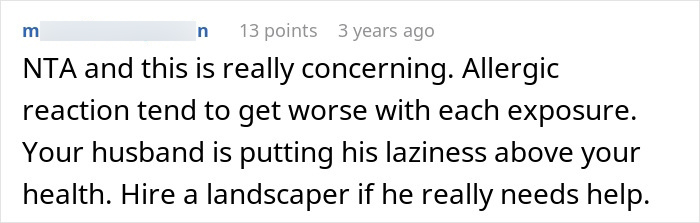 A screenshot of a comment about a husband pressuring his wife to rake despite her allergy, leading her to refuse to cook for him.