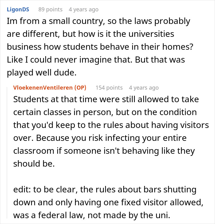 A Reddit comment section discussing the university's role in students behavior at their homes, specifically regarding loud parties. A Reddit comment section discussing the university's role in students behavior at their homes, specifically regarding loud parties.