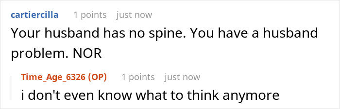 Online comments discussing the husband having no spine regarding the MIL to babysit issue Online comments discussing the husband having no spine regarding the MIL to babysit issue