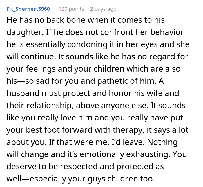 A user comment criticizing the husband for not protecting his wife and children from the stepdaughter's lies.