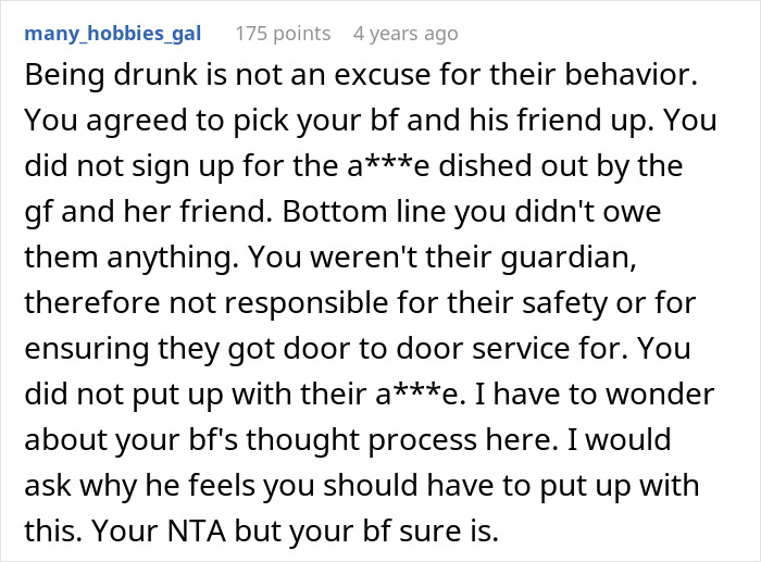 Screenshot of a comment supporting GF who refused to drive home two drunk women who insulted her. Screenshot of a comment supporting GF who refused to drive home two drunk women who insulted her.