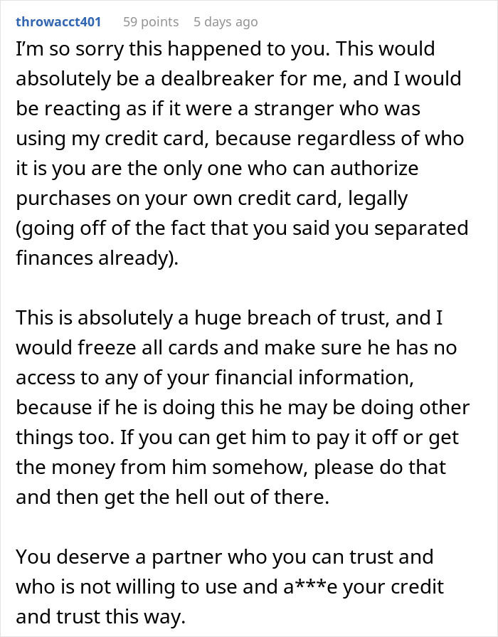 A Reddit comment advising a wife on her husband's spending and using her information, emphasizing trust and legal action.