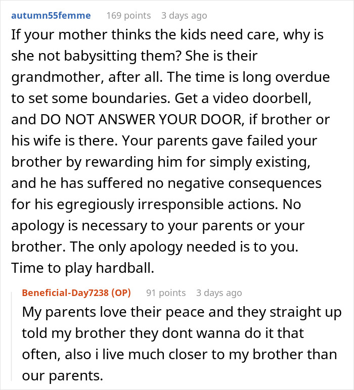 Reddit comments on a dad leaving kids on a porch, arguing that family is not a free babysitting service. Reddit comments on a dad leaving kids on a porch, arguing that family is not a free babysitting service.