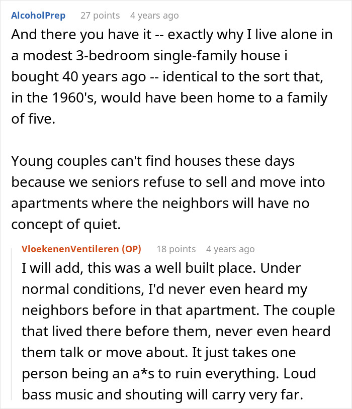 A Reddit comment discussing living alone due to neighbors making a home feel like a bar with loud parties. A Reddit comment discussing living alone due to neighbors making a home feel like a bar with loud parties.