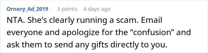 Reddit comment suggesting email to stop a scamming MIL wedding rehearsal dinner scheme. Reddit comment suggesting email to stop a scamming MIL wedding rehearsal dinner scheme.