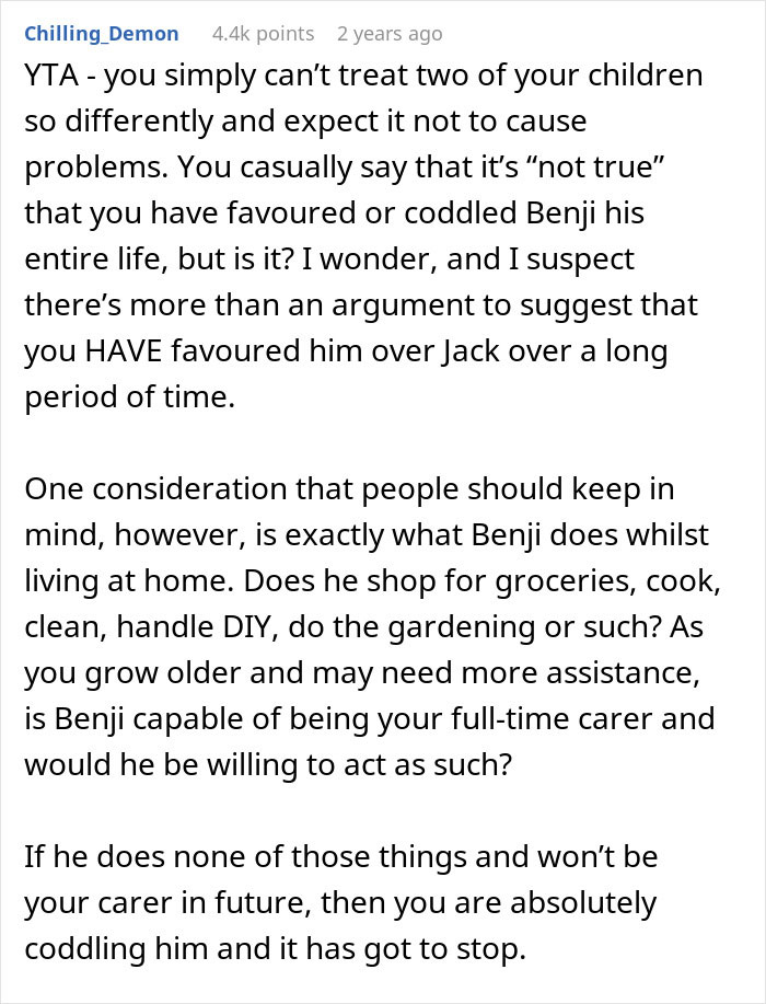 A long social media comment criticizing a mother's decision to give most inheritance to her less successful son. A long social media comment criticizing a mother's decision to give most inheritance to her less successful son.