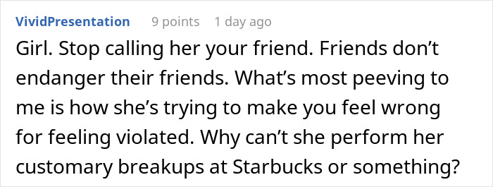 A screenshot of a comment about a friend endangering another, suggesting public breakups. A screenshot of a comment about a friend endangering another, suggesting public breakups.