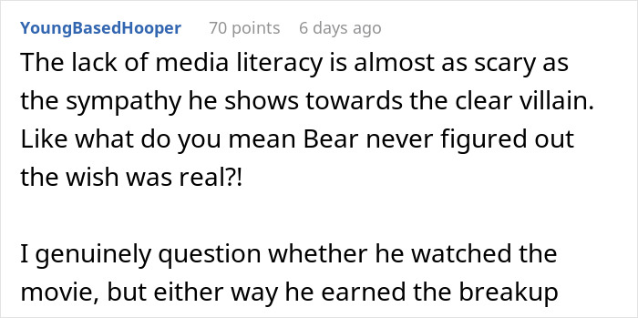Comment on lack of media literacy and sympathy towards villain in movie about obsession