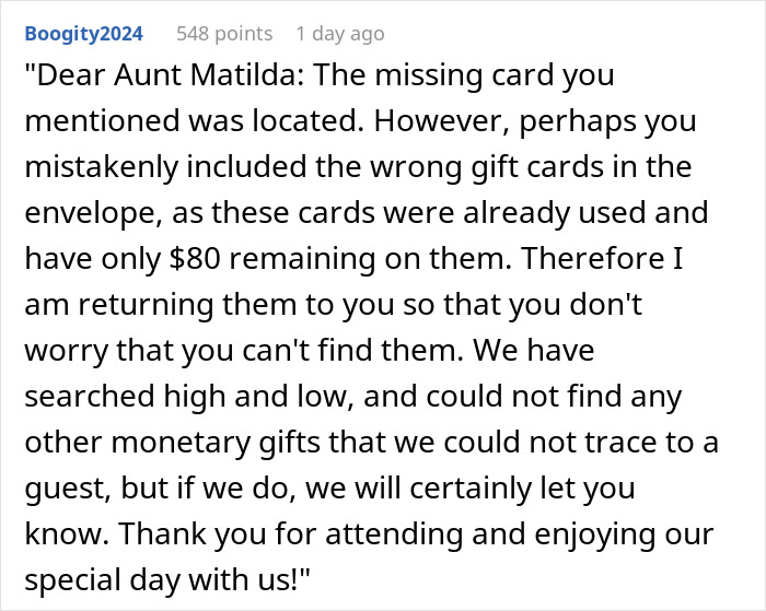 A comment suggesting a letter to the cousin about the used gift cards and wedding drama.