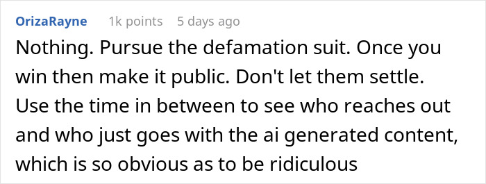 A Reddit comment advising to pursue a defamation lawsuit against parents trying to ruin their daughter's boyfriend's reputation. A Reddit comment advising to pursue a defamation lawsuit against parents trying to ruin their daughter's boyfriend's reputation.