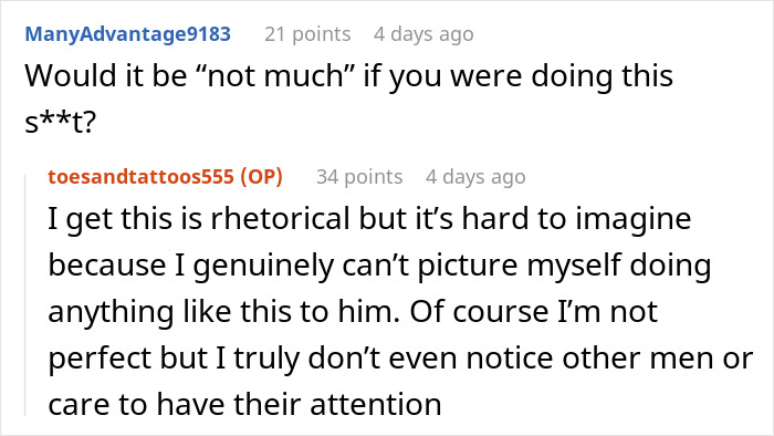A comment on the hypocrisy of a husband flirting and its marriage breaking point.