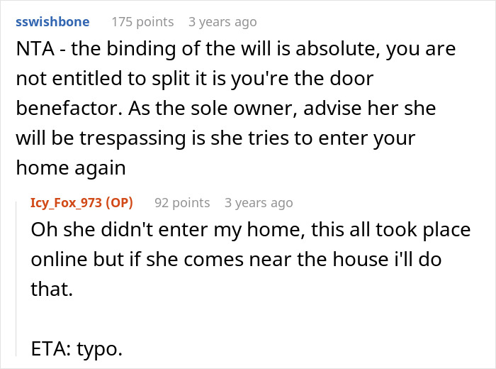 Reddit comment advising a woman on her inheritance rights in an inheritance drama. Reddit comment advising a woman on her inheritance rights in an inheritance drama.