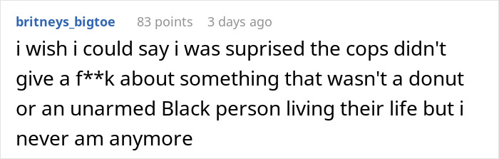 A Reddit user comment criticizing police response, related to a nanny finding an AirTag tracking device.