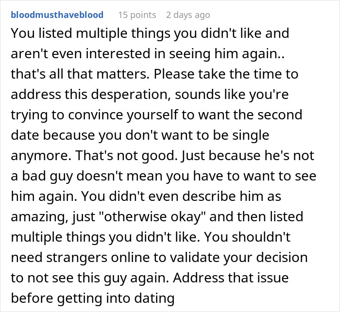 Online comment advising a woman seeking romance to address her fears of being single before dating again. Online comment advising a woman seeking romance to address her fears of being single before dating again.