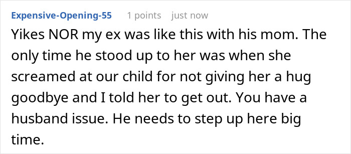 Comment highlighting a husband issue where the partner fails to support his wife against the MIL. Comment highlighting a husband issue where the partner fails to support his wife against the MIL.