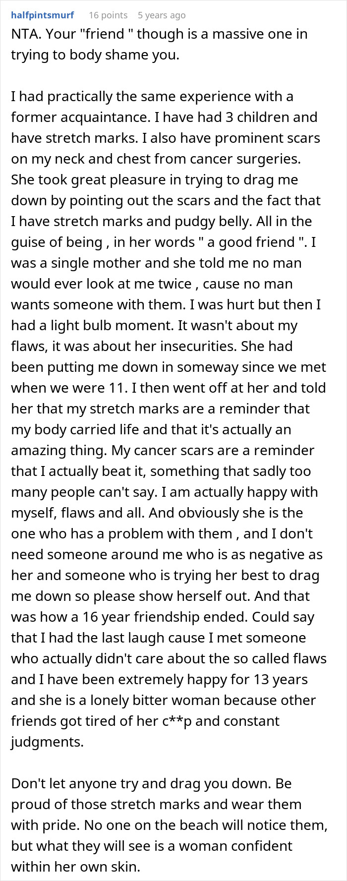 A lengthy comment from a woman sharing her similar experience of body-shaming and unsolicited bikini advice, highlighting self-love. A lengthy comment from a woman sharing her similar experience of body-shaming and unsolicited bikini advice, highlighting self-love.