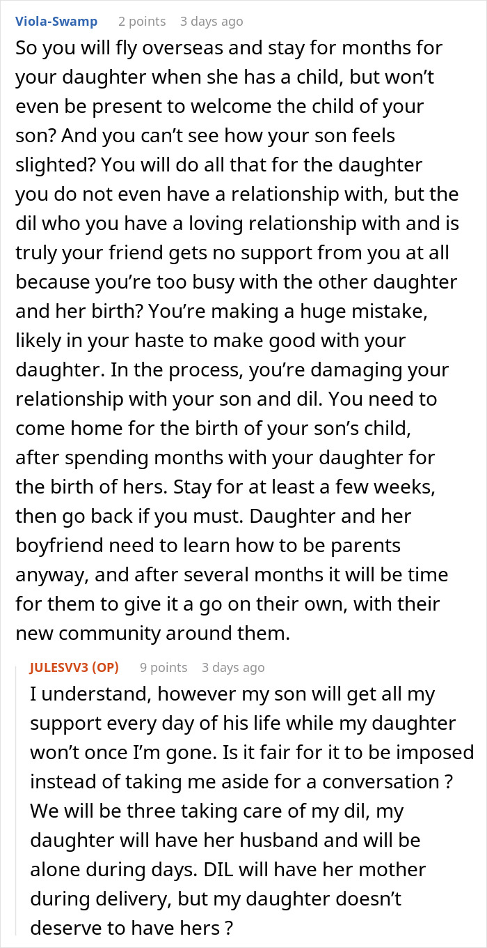 An online discussion about family obligations and postpartum help for a daughter abroad. An online discussion about family obligations and postpartum help for a daughter abroad.