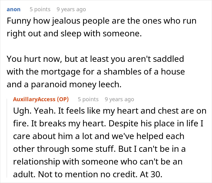 A comment about a jobless BF sleeping with someone right after breaking up with his partner.