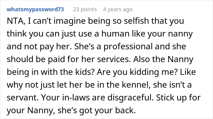 A screenshot showing comments from a discussion about a woman bringing a nanny on vacation. A screenshot showing comments from a discussion about a woman bringing a nanny on vacation.