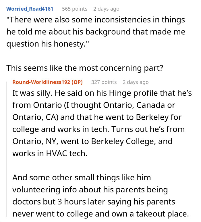 Reddit comment about dating profiles and inconsistencies in a partner's background Reddit comment about dating profiles and inconsistencies in a partner's background