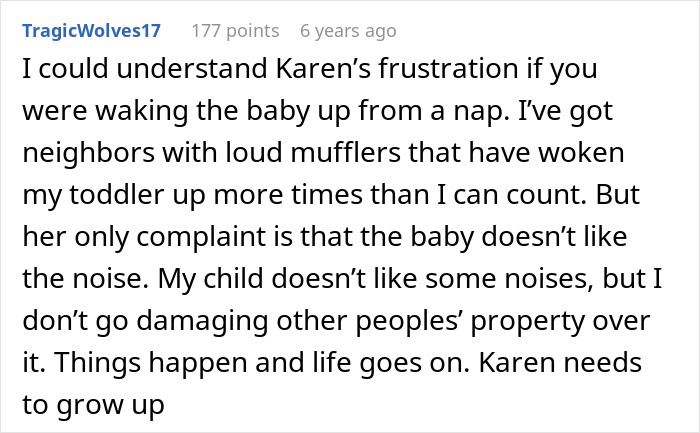 A comment about Dumb Karen's frustration over noise, contrasting it with property damage of a keyed car.