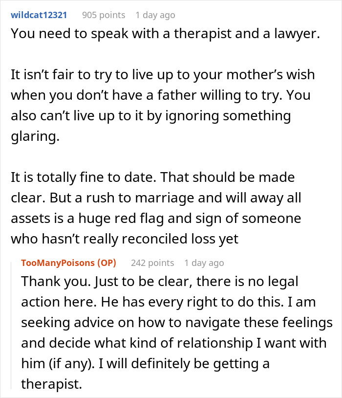 A comment advising to speak with a therapist and a lawyer regarding a widowed dad remarrying and changing his will. A comment advising to speak with a therapist and a lawyer regarding a widowed dad remarrying and changing his will.