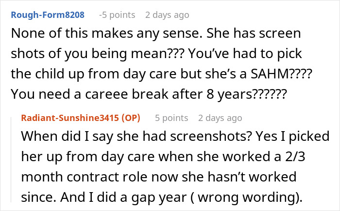 A Reddit comment from Rough-Form8208 questioning the woman's story, specifically about screenshots and a SAHM.