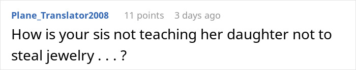 Screenshot of Reddit comment questioning parenting regarding a 14YO who stole aunt's sapphire engagement ring.