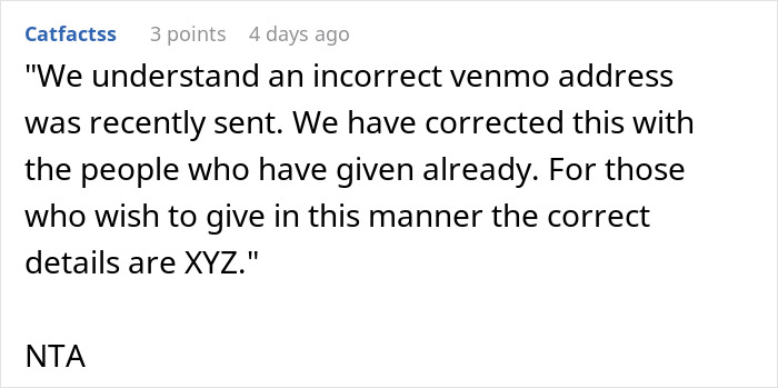 Comment suggesting correction text for wedding guests regarding MIL scam Comment suggesting correction text for wedding guests regarding MIL scam