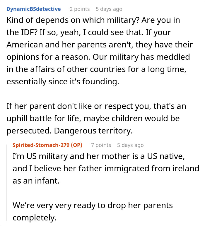 A Reddit comment discussing military service and how parents might ruin a daughter's boyfriend's reputation. A Reddit comment discussing military service and how parents might ruin a daughter's boyfriend's reputation.