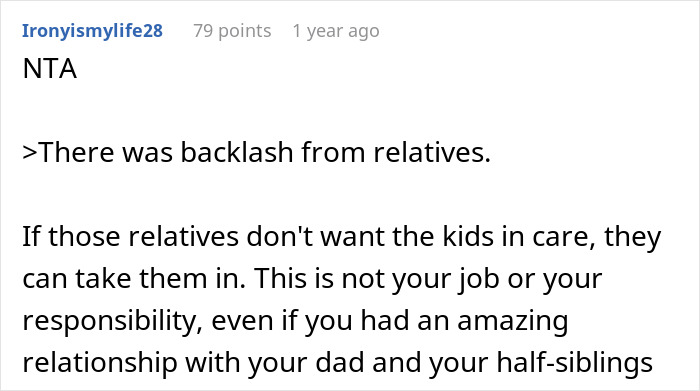A screenshot of a comment suggesting relatives should save half-siblings from foster care if they care.