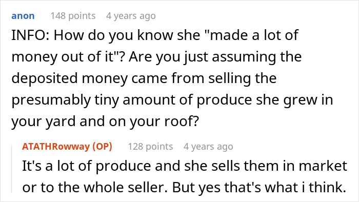 A Reddit comment asking for clarification on how the wife made money, and the original poster responding about selling produce. A Reddit comment asking for clarification on how the wife made money, and the original poster responding about selling produce.