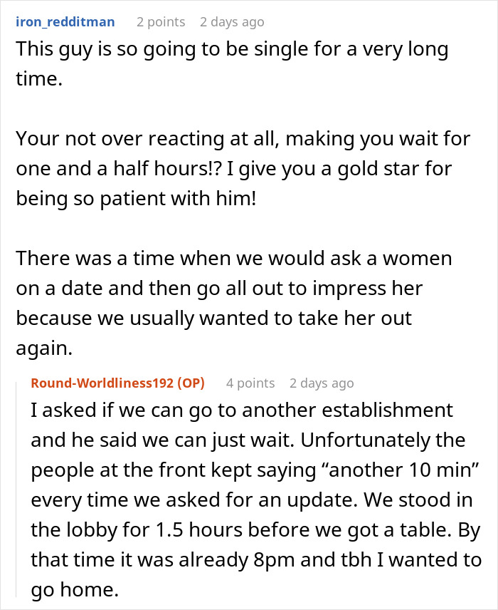 Reddit user commenting on a date delay, highlighting why a woman looking for romance was tired. Reddit user commenting on a date delay, highlighting why a woman looking for romance was tired.
