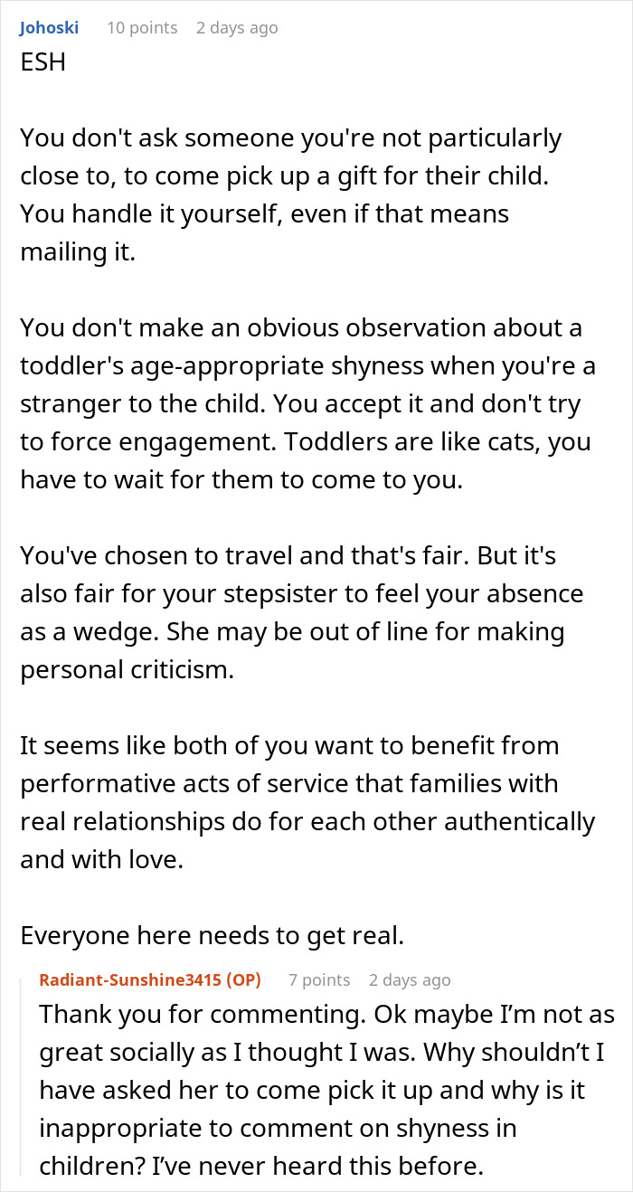 A Reddit comment discussing both sides of the woman not putting her life on hold for her stepsister's kid.